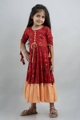 Girls red ethnic motifs printed anarkali gown in rayon 4
