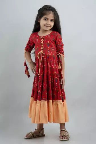 Girls red ethnic motifs printed anarkali gown in rayon