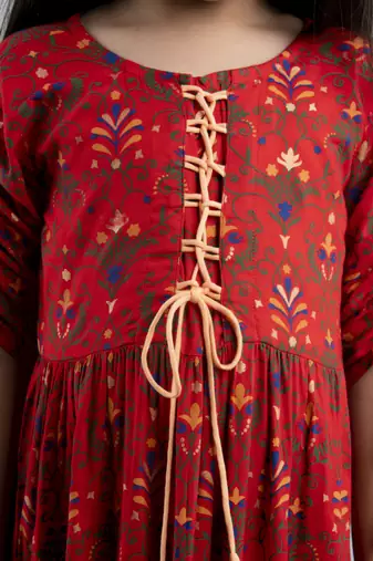 Girls red ethnic motifs printed anarkali gown in rayon