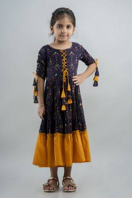 Girls blue ethnic motifs printed anarkali gown in rayon 1