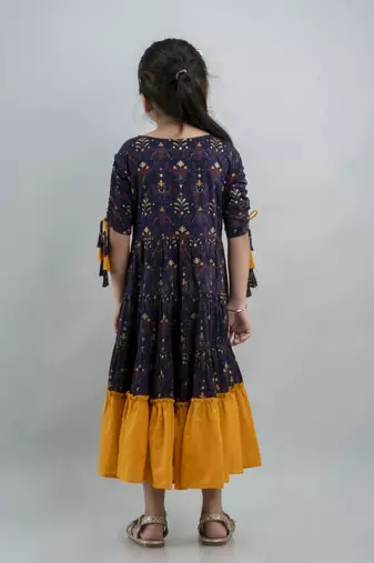 Girls blue ethnic motifs printed anarkali gown in rayon