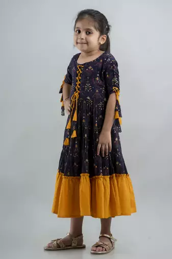 Girls blue ethnic motifs printed anarkali gown in rayon