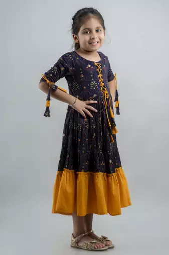 Girls blue ethnic motifs printed anarkali gown in rayon