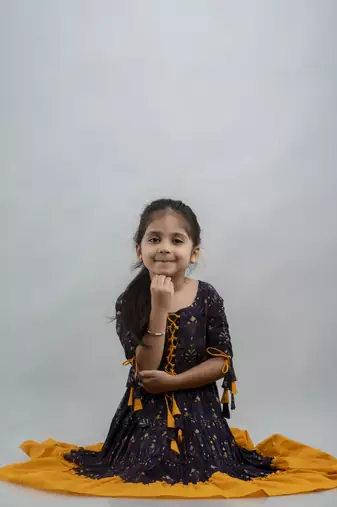 Girls blue ethnic motifs printed anarkali gown in rayon
