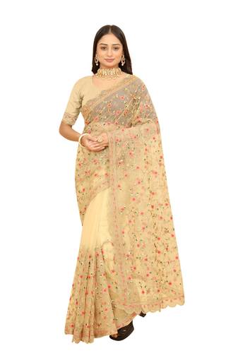 Beige Resham Dori Embroidery Net Party Wear Saree