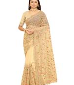 Beige Resham Dori Embroidery Net Party Wear Saree