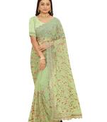 Green Resham Dori Embroidery Net Party Wear Saree