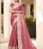 Onion Pink Hot Fix Siroski Zarkan Stone Border Work Soft Silk Party Wear Saree With Blouse Piece