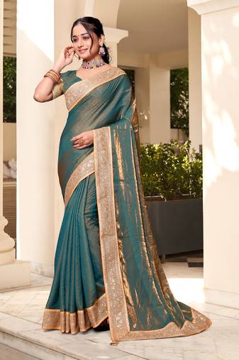 Teal Blue Hot Fix Siroski Zarkan Stone Border Work Soft Silk Party Wear Saree With Blouse Piece