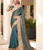 Teal Blue Hot Fix Siroski Zarkan Stone Border Work Soft Silk Party Wear Saree With Blouse Piece