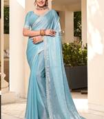 Sky Blue Hot fix Siroski Zarkan Stone Zari Embroidered Border Work Soft Silk Party Wear Saree With Blouse Piece