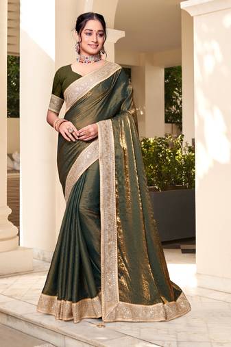 Mehendi Green Hot Fix Siroski Zarkan Stone Zari Embroidered Border Work Two Tone Silk Party Wear Saree With Blouse Piece