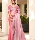 Pink Hot fix Siroski Zarkan Stone Zari Embroidered Border Work Soft Silk Party Wear Saree With Blouse Piece