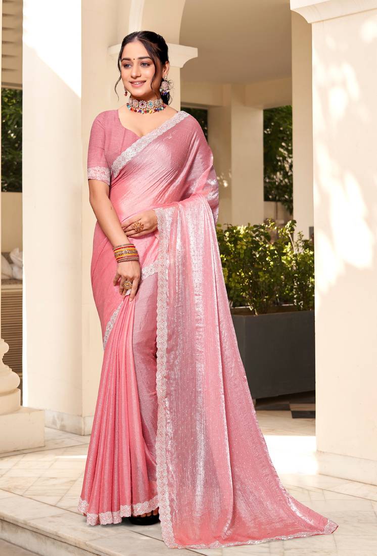 Pink Hot fix Siroski Zarkan Stone Zari Embroidered Border Work Soft Silk Party Wear Saree With Blouse Piece