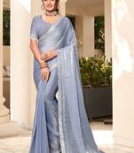 Grey Hot Fix Siroski Zarkan Stone Zari Embroidered Border Work Soft Silk Party Wear Saree With Blouse Piece