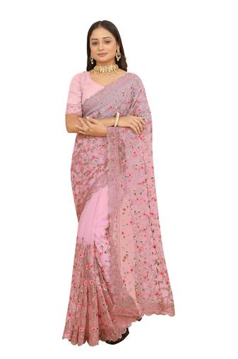 Pink Resham Dori Embroidery Net Party Wear Saree