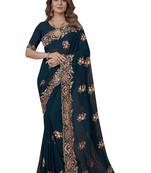 Teal Blue Zari Resham Embroidery Georgette Saree