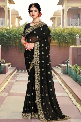 Black Heavy Zari Stone Embroidery Georgette Saree