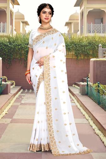 White Resham Stone Embroidery Georgette Saree