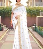 White Resham Stone Embroidery Georgette Saree
