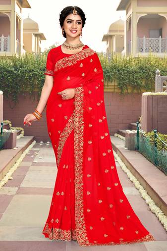 Red Resham Stone Embroidery Georgette Saree
