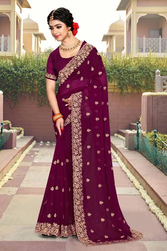 Purple Resham Stone Embroidery Georgette Saree