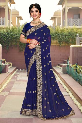 Navy Blue Resham Stone Embroidery Georgette Saree