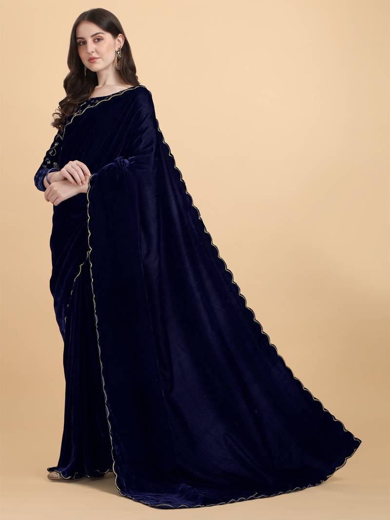 Avsar Trendz Embroidered Bollywood Royal Blue Velvet Saree
