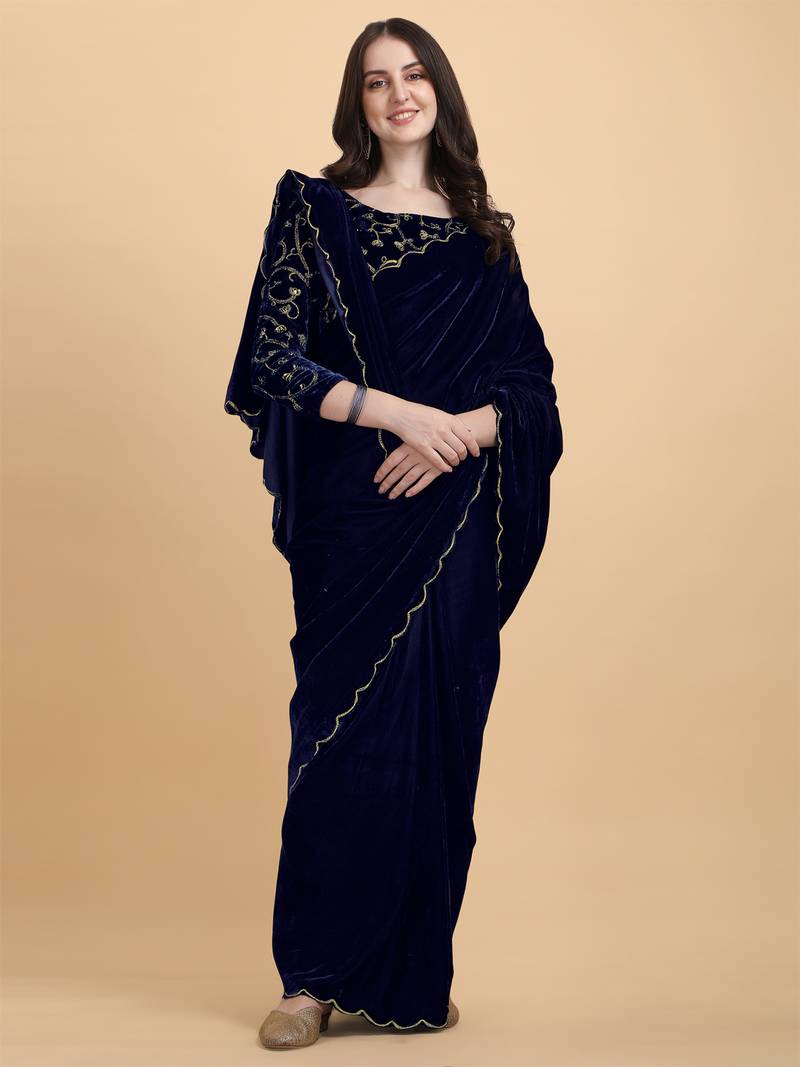 Avsar Trendz Embroidered Bollywood Royal Blue Velvet Saree
