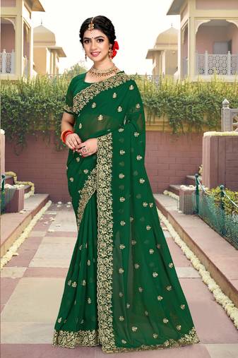 Green Resham Stone Embroidery Georgette Saree