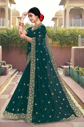 Teal Blue Resham Stone Embroidery Georgette Saree