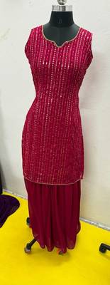 Pink Color Embroidered Sequence Work Georgette Staright Kurti and Sharara Set With Dupatta 5