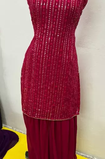 Pink Color Embroidered Sequence Work Georgette Staright Kurti and Sharara Set With Dupatta