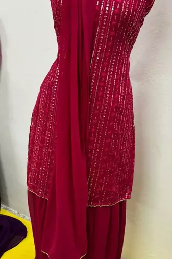 Pink Color Embroidered Sequence Work Georgette Staright Kurti and Sharara Set With Dupatta