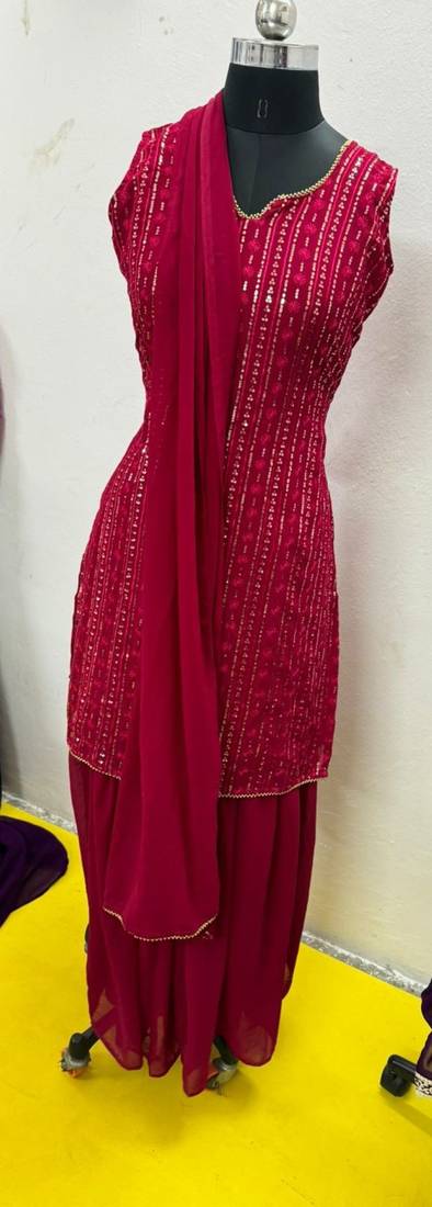 Pink Color Embroidered Sequence Work Georgette Staright Kurti and Sharara Set With Dupatta