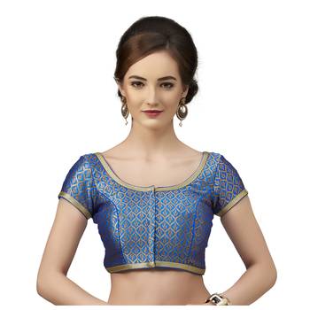 Royal Blue Brocade Short Sleeves Padded Readymade Saree Blouse 1