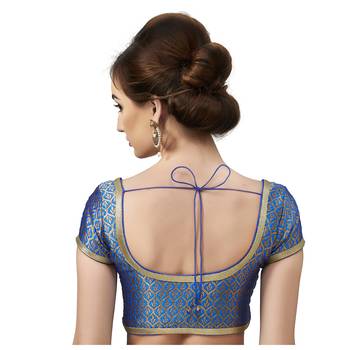 Royal Blue Brocade Short Sleeves Padded Readymade Saree Blouse 2