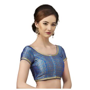 Royal Blue Brocade Short Sleeves Padded Readymade Saree Blouse 3