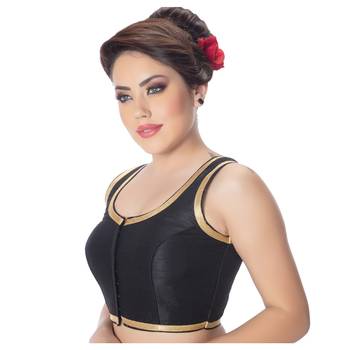 Black Plain Dupion Silk Golden LacePadded sleeveless Readymade Saree Blouse 2