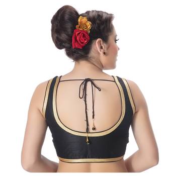 Black Plain Dupion Silk Golden LacePadded sleeveless Readymade Saree Blouse 3