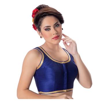 Royal Blue Plain Dupion Silk Golden LacePadded sleeveless Readymade Saree Blouse 2