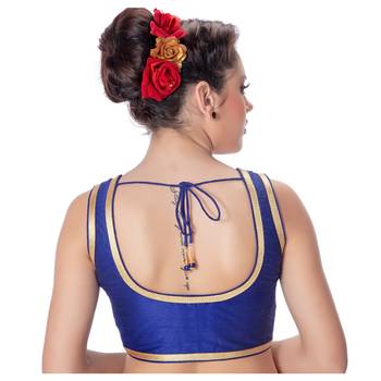 Royal Blue Plain Dupion Silk Golden LacePadded sleeveless Readymade Saree Blouse 3
