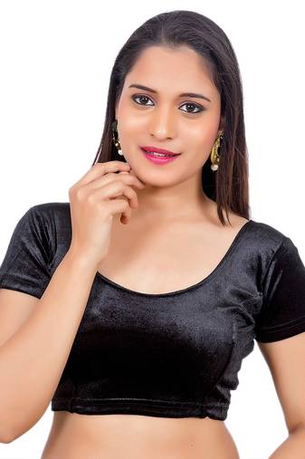 Velvet Black Short Sleeves Stretchable Readymade Saree Blouse
