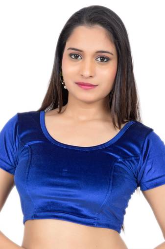 Velvet Blue Short Sleeves Stretchable Readymade Saree Blouse