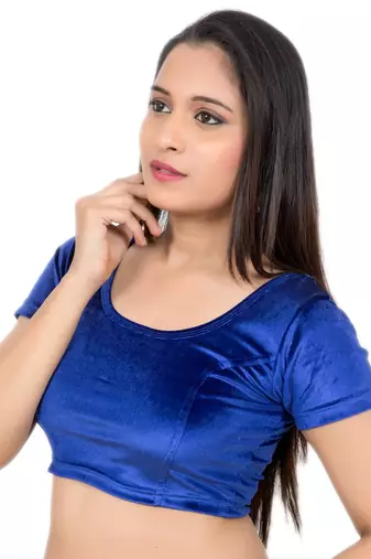 Velvet Blue Short Sleeves Stretchable Readymade Saree Blouse