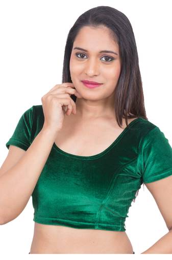 Velvet Green Short Sleeves Stretchable Readymade Saree Blouse