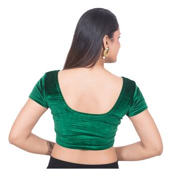 Velvet Green Short Sleeves Stretchable Readymade Saree Blouse 4