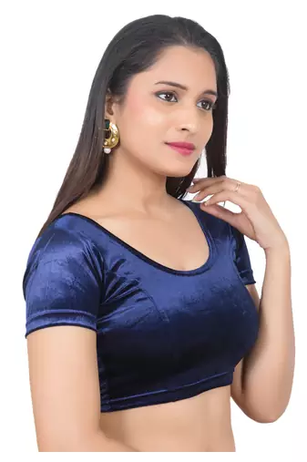 Velvet Navy Short Sleeves tStretchable Readymade Saree Blouse