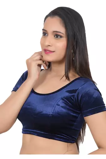 Velvet Navy Short Sleeves tStretchable Readymade Saree Blouse