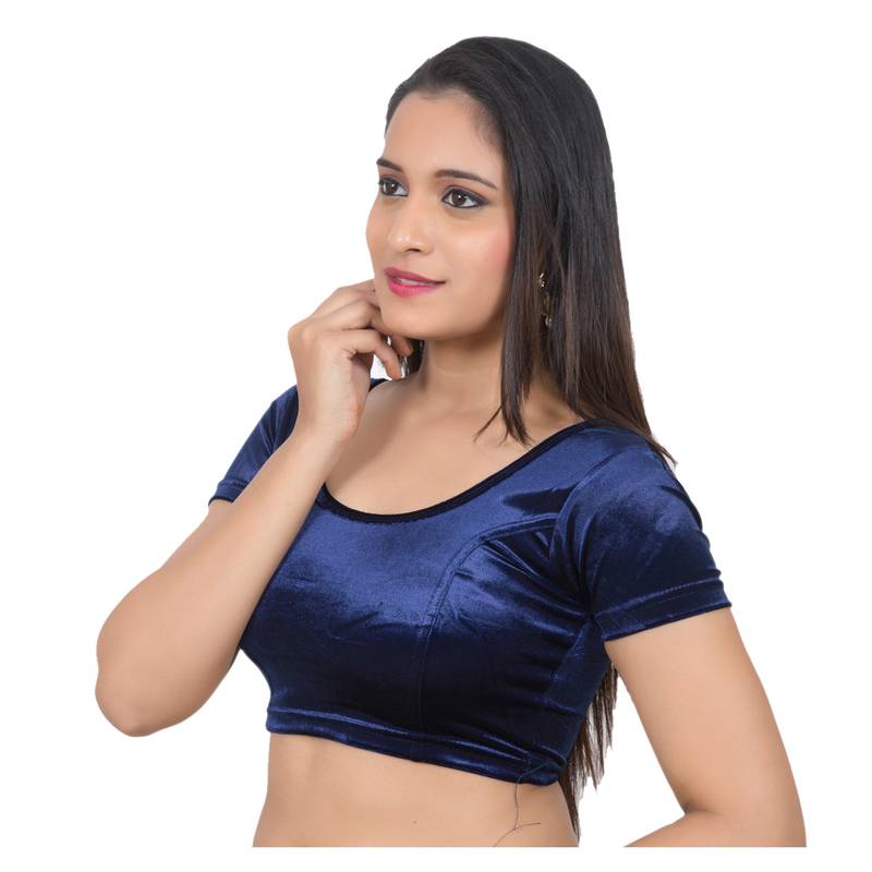 Velvet Navy Short Sleeves tStretchable Readymade Saree Blouse